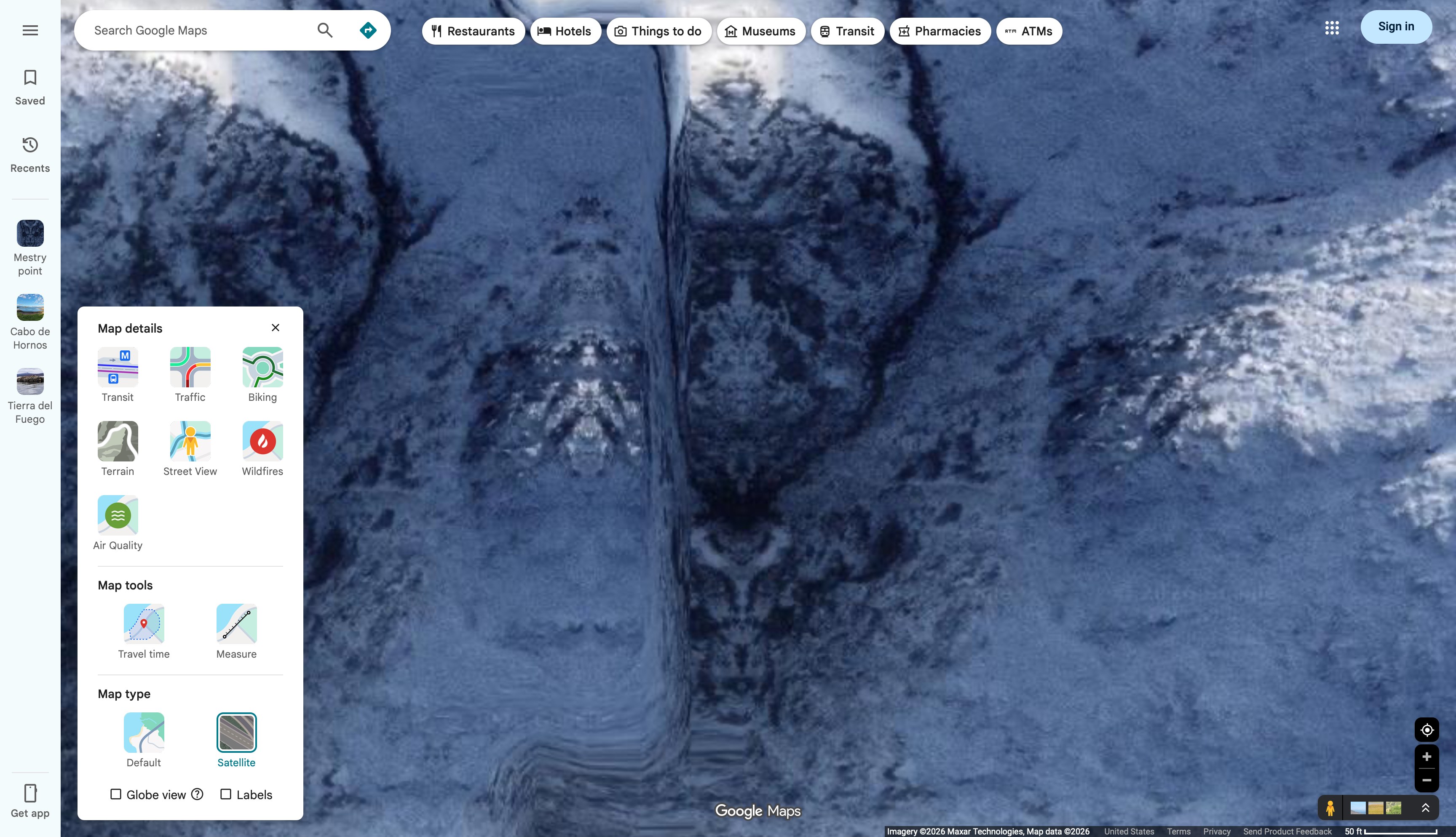 Google Maps satellite capture of the area at Cape Horn, 50 ft scale